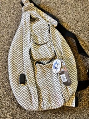 Gray & White Chevron Sling Backpack with Front Pocket